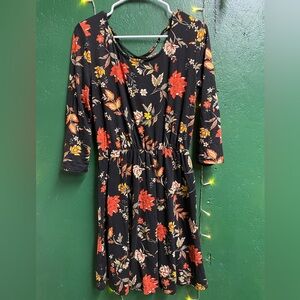 French Grey Black Dress with Red and Yellow Floral Design